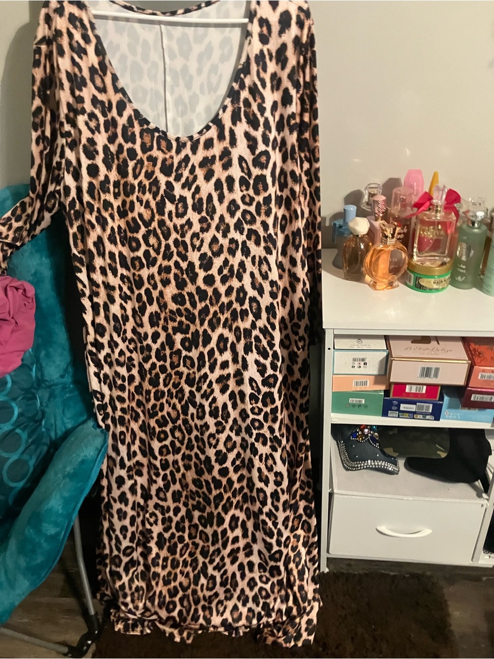 Leopard Print Maxi Dress - Beige/Brown Scoop Neck